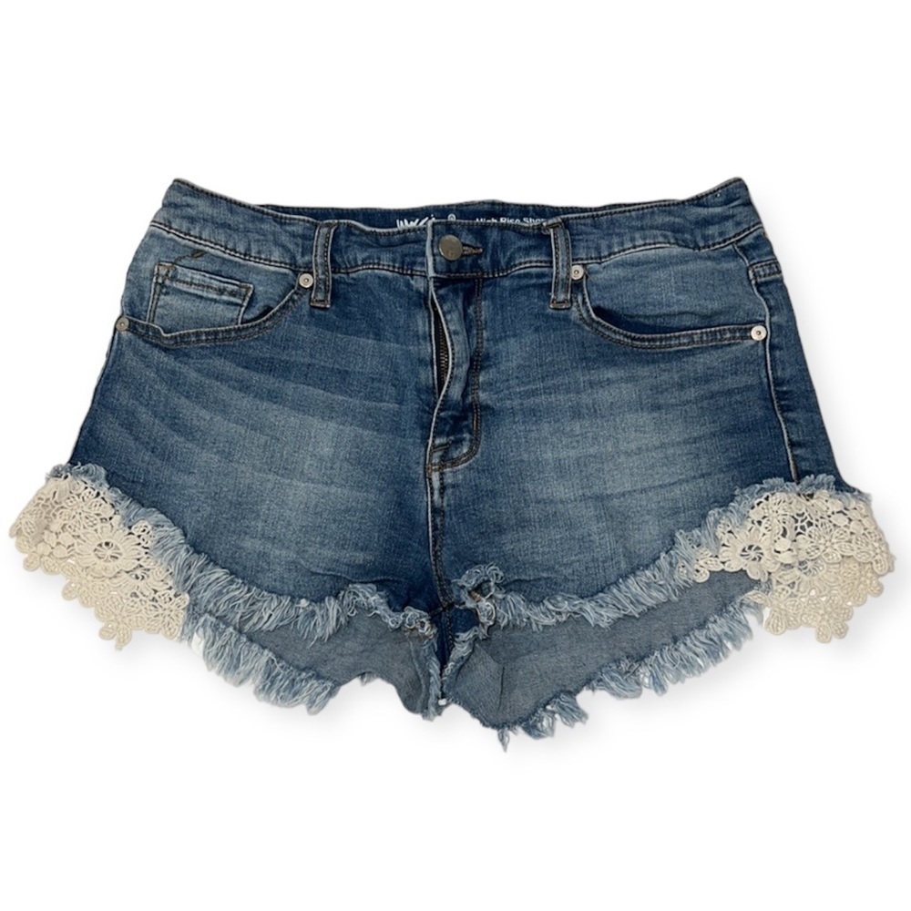 BLUE High Rise Super Strech Jean Shorts Lace Hem Festival Boho Size 12/31